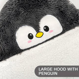 Super Soft Penguin Hooded Wearable Blanket - Flannel & Sherpa Fleece Adult Cloak with Gloves - Machine Washable, Premium 240 GSM Microfiber Polyester - Contemporary Animal Themed Warm Throw Wrap