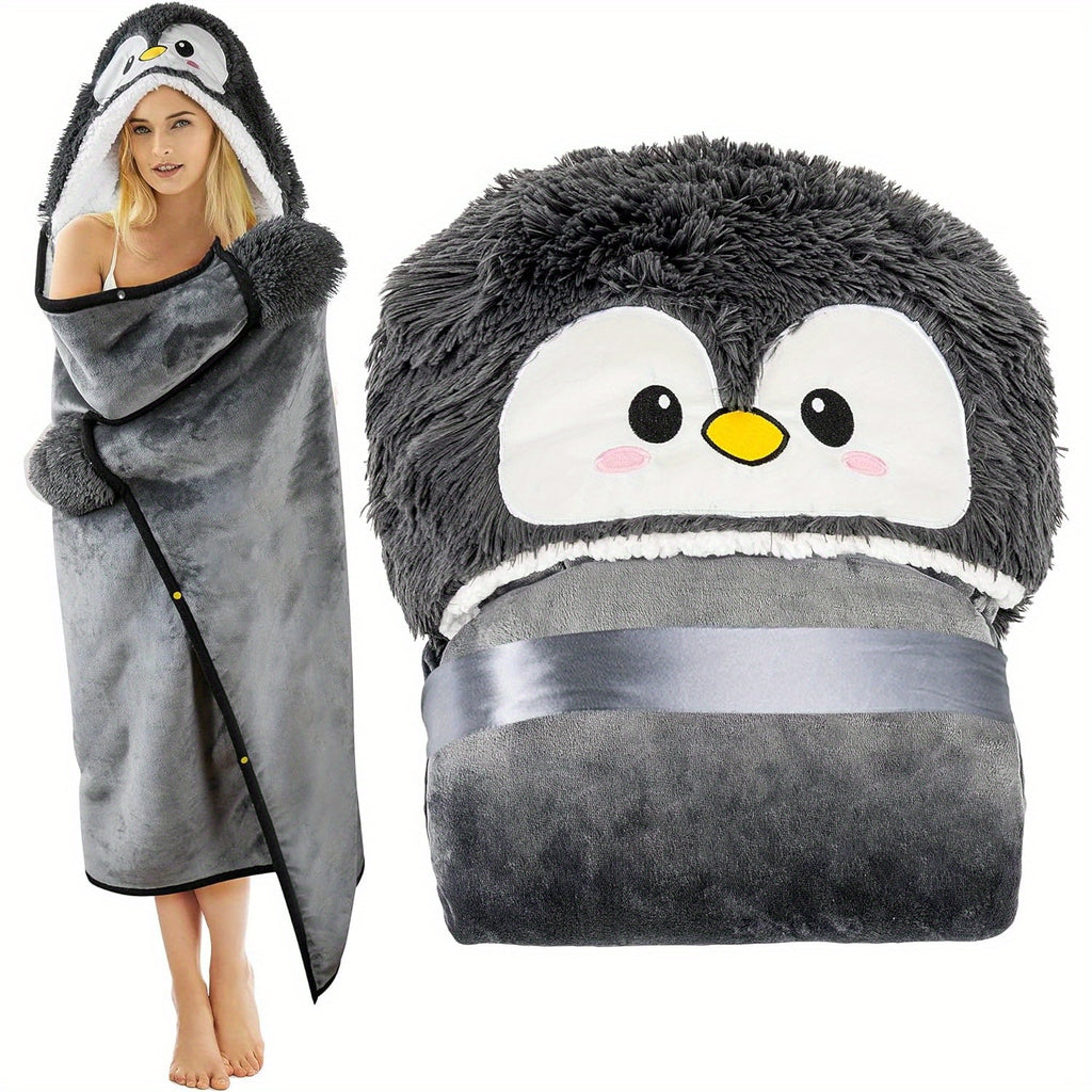 Super Soft Penguin Hooded Wearable Blanket - Flannel & Sherpa Fleece Adult Cloak with Gloves - Machine Washable, Premium 240 GSM Microfiber Polyester - Contemporary Animal Themed Warm Throw Wrap
