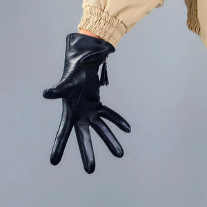 DooWay Women Black TECH GLOVES Handmade Real Leather Wrist Short Zipper Fringe Tassel Winter Warm Costume Fashion Evening Party Cycling Driving Glove