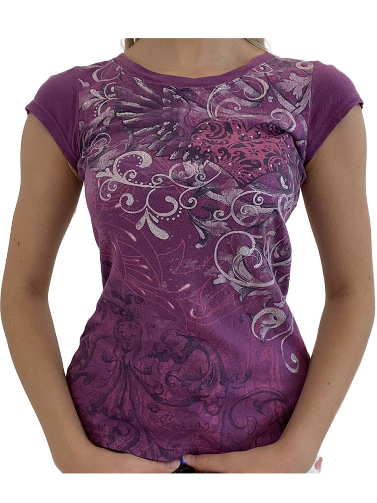 Womens Casual Short Sleeve T-shirt Vintage Printing Round Neck Exposed Navel Slim Fit Tops