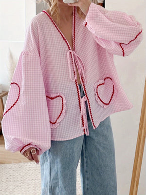 Women Long Sleeve Shirts Heart Embroidery Plaid Front Bowknot Tie-Up Blouses Fashion Spring Summer Casual Tops