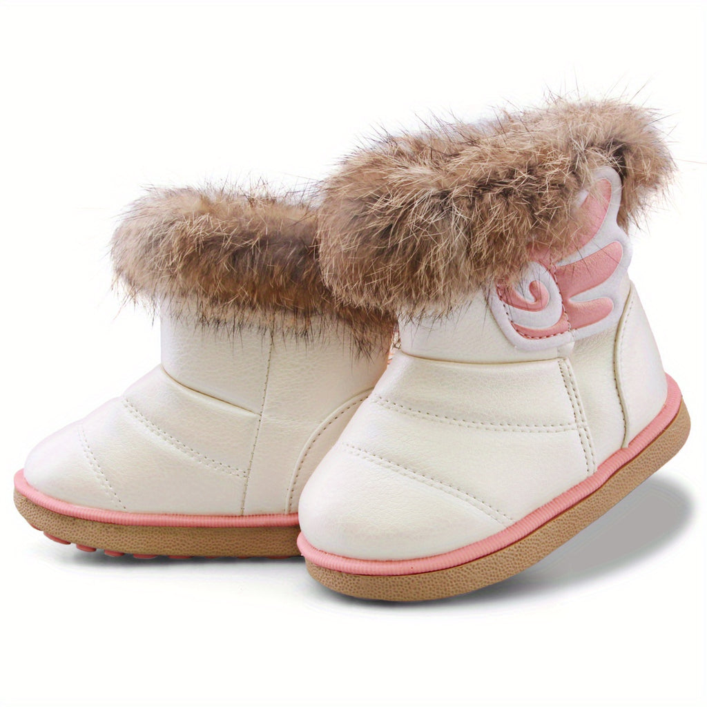 Toddler Girls Cartoon Pattern Snow Boots with Faux Fur - Hook and Loop Closure, PU Upper, Rubber Sole, No Insole, Unlined - Under 14 Outdoor Winter Footwear