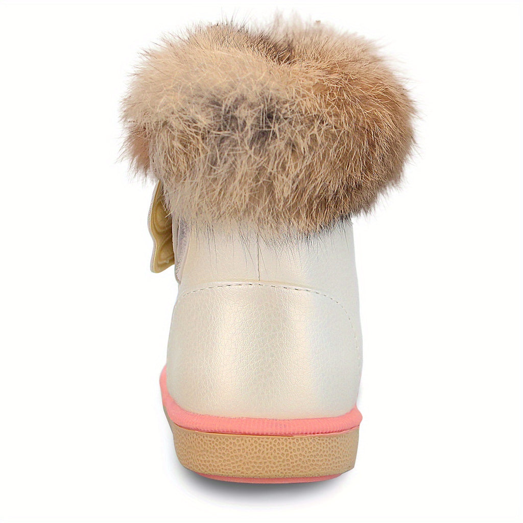 Toddler Girls Cartoon Pattern Snow Boots with Faux Fur - Hook and Loop Closure, PU Upper, Rubber Sole, No Insole, Unlined - Under 14 Outdoor Winter Footwear