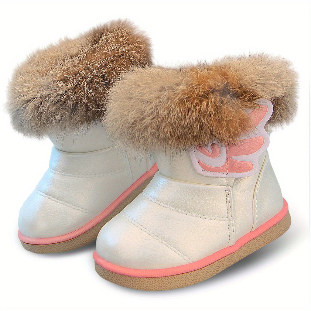 Toddler Girls Cartoon Pattern Snow Boots with Faux Fur - Hook and Loop Closure, PU Upper, Rubber Sole, No Insole, Unlined - Under 14 Outdoor Winter Footwear