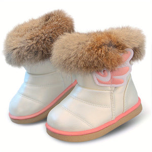 Toddler Girls Cartoon Pattern Snow Boots with Faux Fur - Hook and Loop Closure, PU Upper, Rubber Sole, No Insole, Unlined - Under 14 Outdoor Winter Footwear