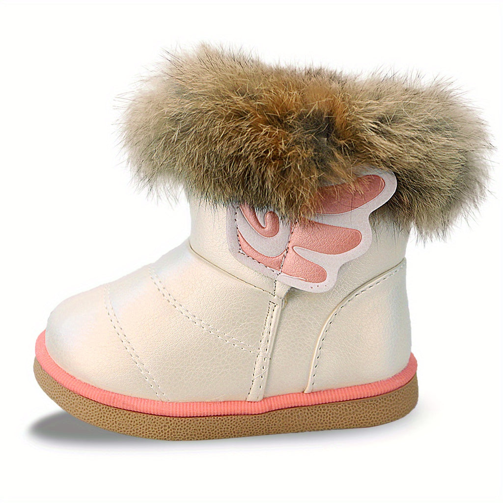Toddler Girls Cartoon Pattern Snow Boots with Faux Fur - Hook and Loop Closure, PU Upper, Rubber Sole, No Insole, Unlined - Under 14 Outdoor Winter Footwear