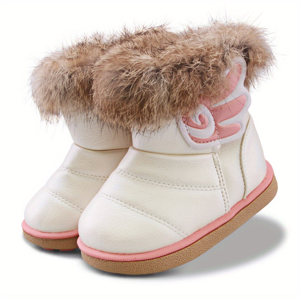 Toddler Girls Cartoon Pattern Snow Boots with Faux Fur - Hook and Loop Closure, PU Upper, Rubber Sole, No Insole, Unlined - Under 14 Outdoor Winter Footwear