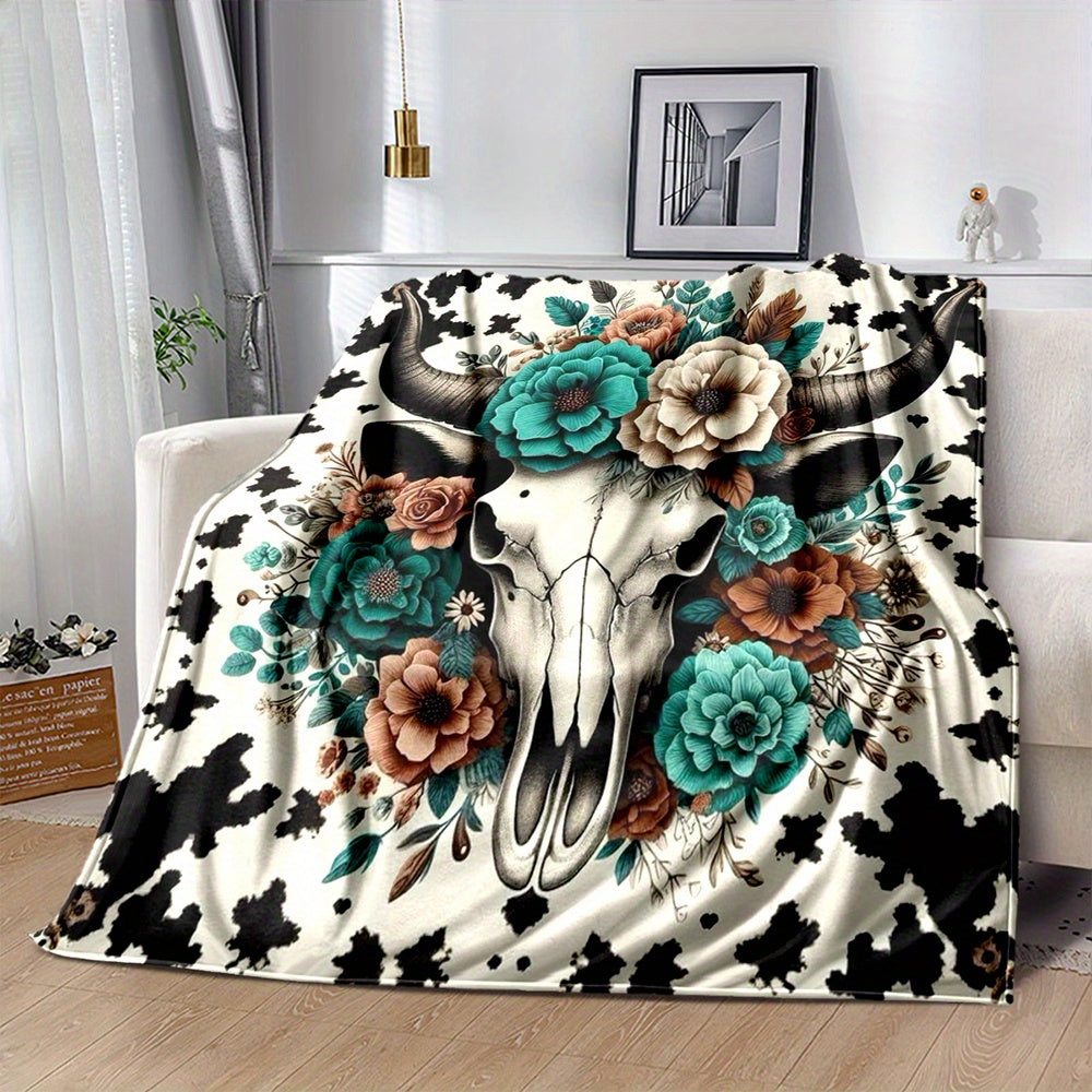 Rustic Cow Skull Floral Print Flannel Throw Blanket - Polyester, Non-Woven, Reversible, All-Season, Digital Print, Country Style, Cartoon Themed, Lightweight 200-250g Square Weight