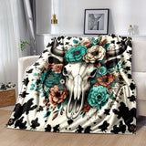 Rustic Cow Skull Floral Print Flannel Throw Blanket - Polyester, Non-Woven, Reversible, All-Season, Digital Print, Country Style, Cartoon Themed, Lightweight 200-250g Square Weight
