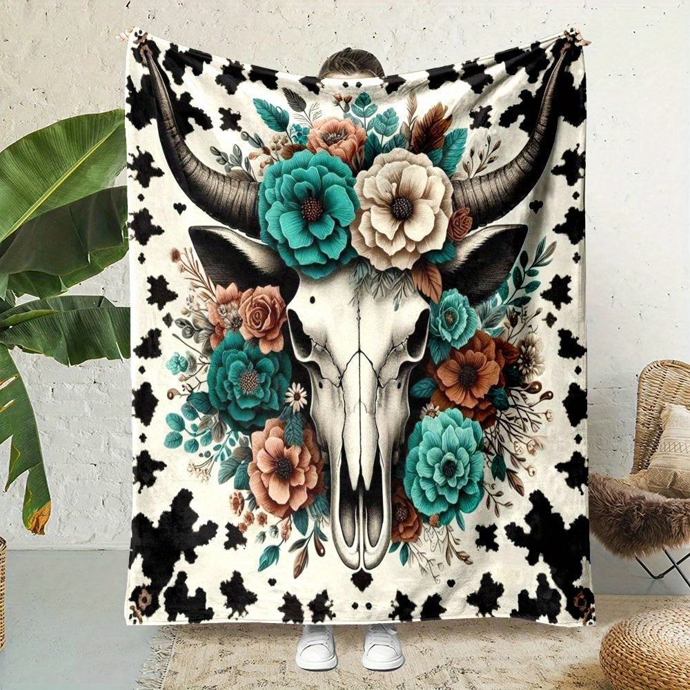 Rustic Cow Skull Floral Print Flannel Throw Blanket - Polyester, Non-Woven, Reversible, All-Season, Digital Print, Country Style, Cartoon Themed, Lightweight 200-250g Square Weight