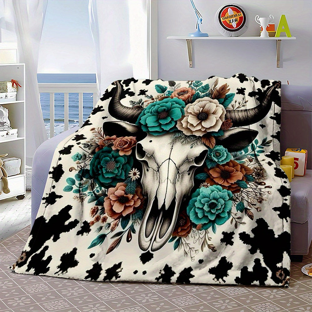 Rustic Cow Skull Floral Print Flannel Throw Blanket - Polyester, Non-Woven, Reversible, All-Season, Digital Print, Country Style, Cartoon Themed, Lightweight 200-250g Square Weight