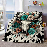 Rustic Cow Skull Floral Print Flannel Throw Blanket - Polyester, Non-Woven, Reversible, All-Season, Digital Print, Country Style, Cartoon Themed, Lightweight 200-250g Square Weight