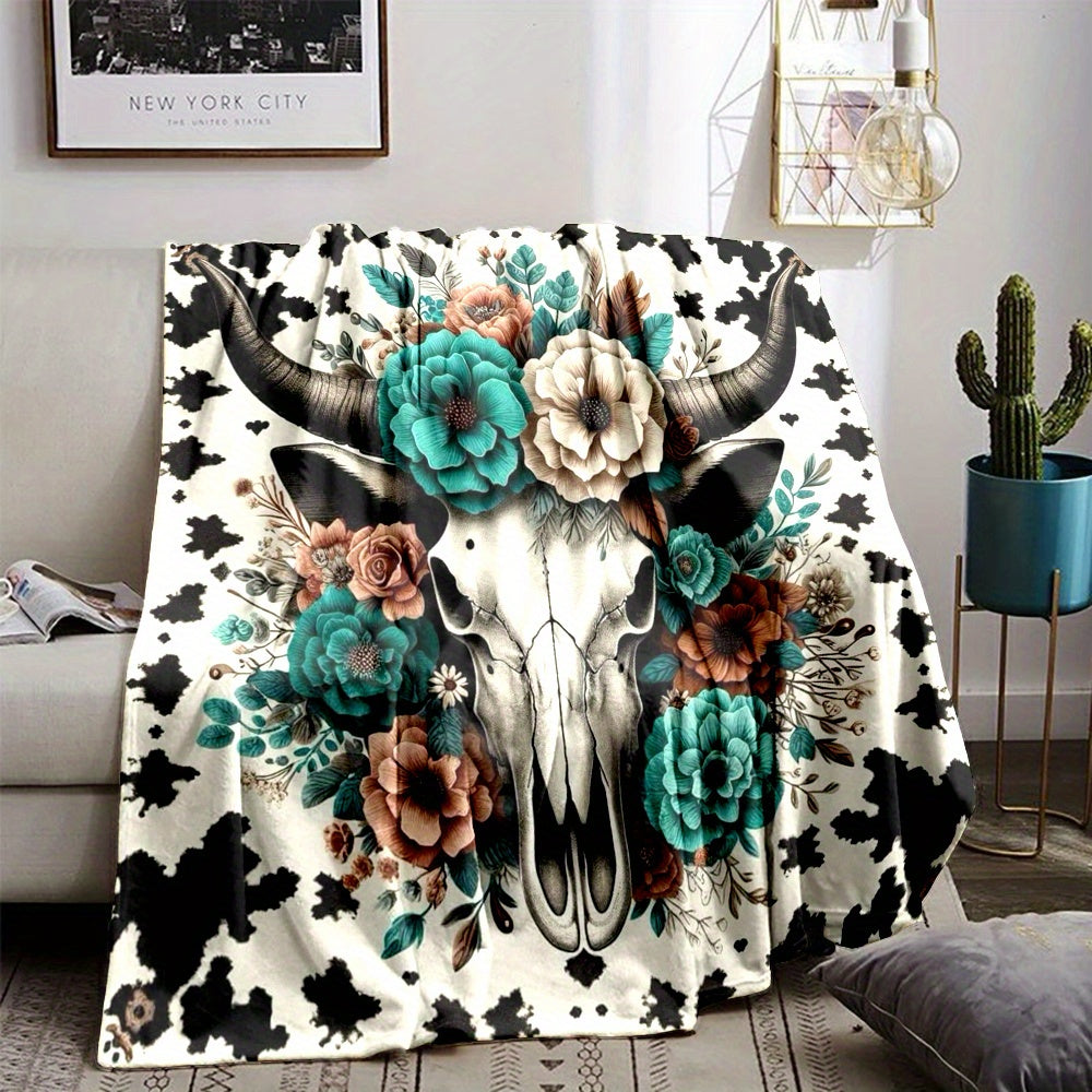 Rustic Cow Skull Floral Print Flannel Throw Blanket - Polyester, Non-Woven, Reversible, All-Season, Digital Print, Country Style, Cartoon Themed, Lightweight 200-250g Square Weight