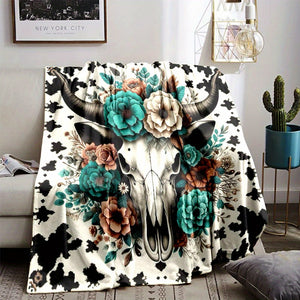 Rustic Cow Skull Floral Print Flannel Throw Blanket - Polyester, Non-Woven, Reversible, All-Season, Digital Print, Country Style, Cartoon Themed, Lightweight 200-250g Square Weight