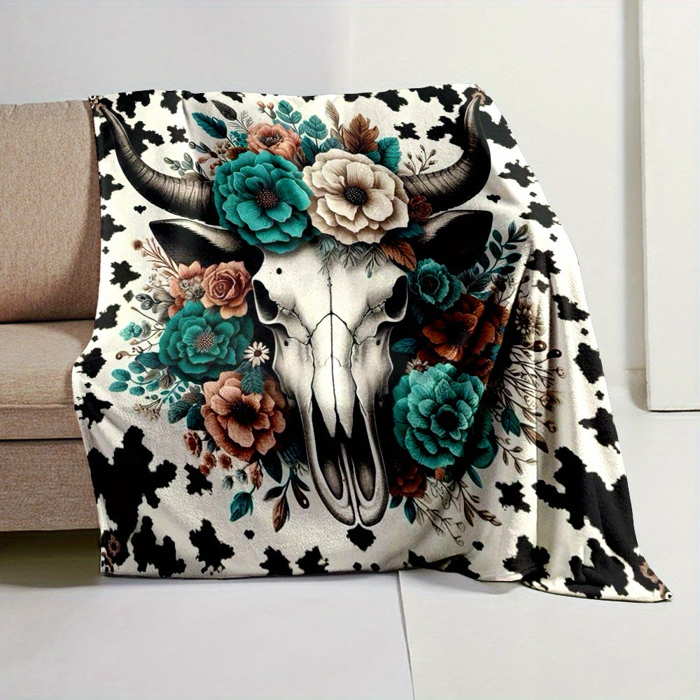 Rustic Cow Skull Floral Print Flannel Throw Blanket - Polyester, Non-Woven, Reversible, All-Season, Digital Print, Country Style, Cartoon Themed, Lightweight 200-250g Square Weight