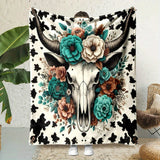 Rustic Cow Skull Floral Print Flannel Throw Blanket - Polyester, Non-Woven, Reversible, All-Season, Digital Print, Country Style, Cartoon Themed, Lightweight 200-250g Square Weight