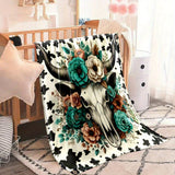 Rustic Cow Skull Floral Print Flannel Throw Blanket - Polyester, Non-Woven, Reversible, All-Season, Digital Print, Country Style, Cartoon Themed, Lightweight 200-250g Square Weight