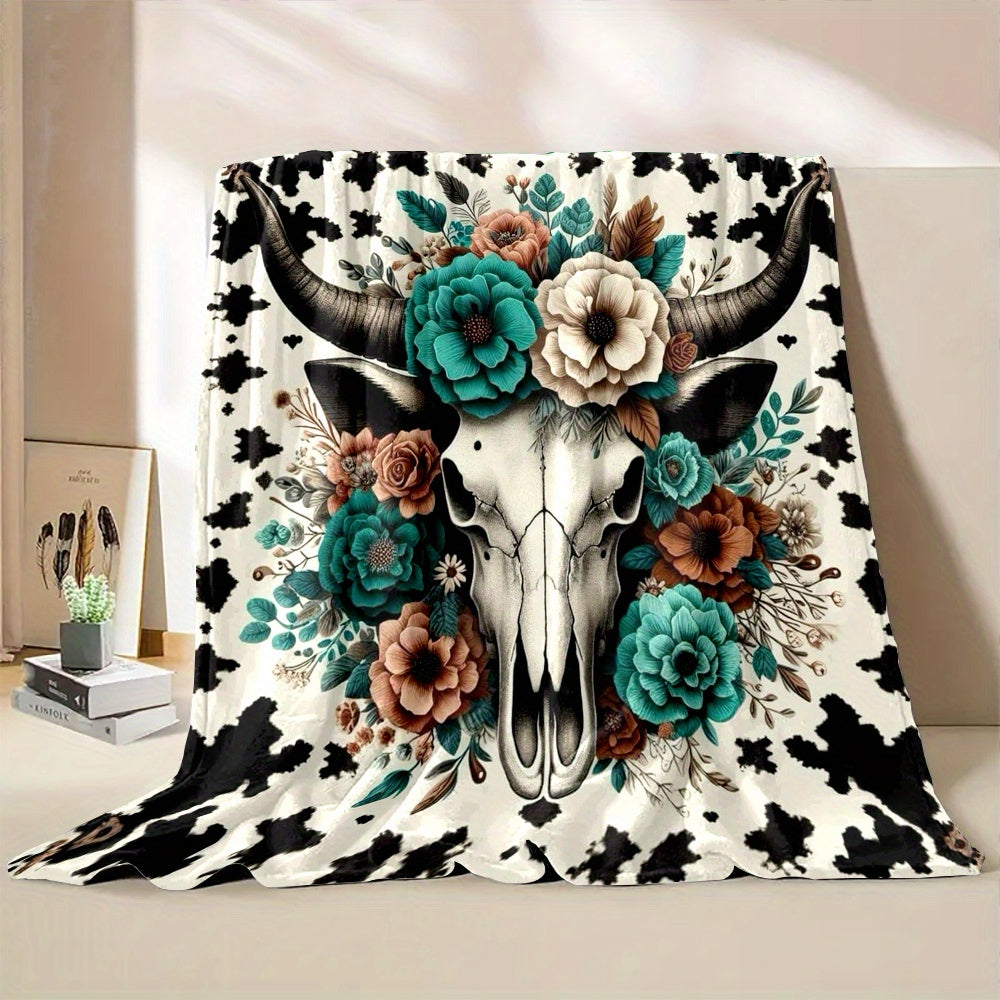 Rustic Cow Skull Floral Print Flannel Throw Blanket - Polyester, Non-Woven, Reversible, All-Season, Digital Print, Country Style, Cartoon Themed, Lightweight 200-250g Square Weight