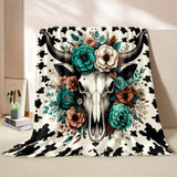 Rustic Cow Skull Floral Print Flannel Throw Blanket - Polyester, Non-Woven, Reversible, All-Season, Digital Print, Country Style, Cartoon Themed, Lightweight 200-250g Square Weight