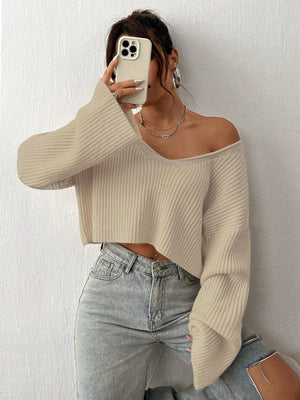 NEW EZwear Solid Drop Shoulder Crop Ribbed Knit Sweater
