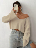 NEW EZwear Solid Drop Shoulder Crop Ribbed Knit Sweater
