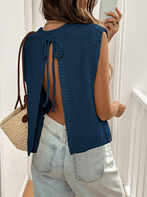 NEW Frenchy Y2k Fall Clothes Frenchies Frenchy Style Women's Sleeveless Knitted Top With Round Neckline, Back Slit And Back Tie Sweater,Back To School Clothing, Teacher Clothing, American Long Shirt, Trends, Old Money Style , Teacher Sweater,70s Outfit Sw