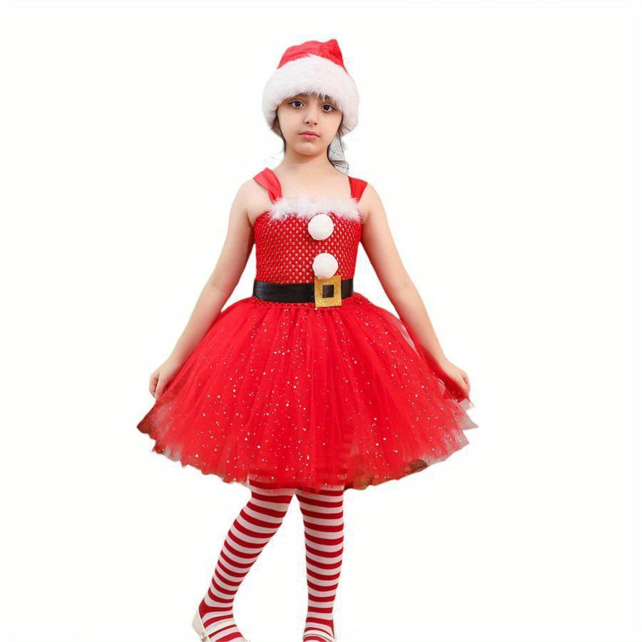 Santa Christmas Costume, Sleeveless Tulle Patchwork A-Line Dress + Long Stocking + Headband/Hat Cosplay Clothes