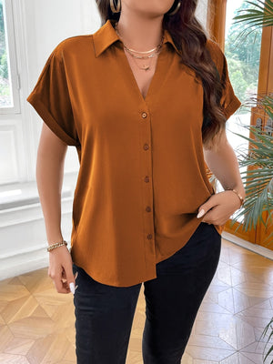 Plus Size Womens Elegant V-Neck Solid Color Shirting Blouse - Slight Stretch, Button Front, Short Sleeve, Machine Washable - Perfect for Spring, Summer, and Fall
