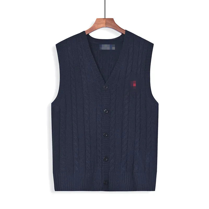 Fashionable men's designer sweater, European and American warm and slim fit casual V-neck sweater, embroidered sleeveless men's cardigan top