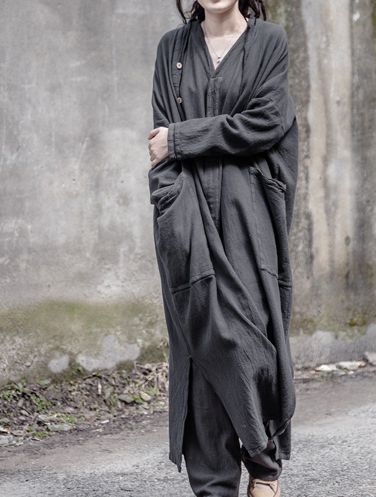 Shan Qian Nianyi design, autumn and winter linen cotton loose style cardigan versatile literary style button coat