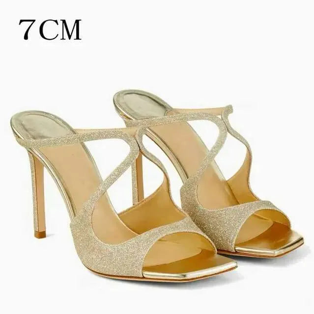 Summer A Line With Sexy Open Toe For Women New Cross Sequin Square Sandals Fashion High Heels Kq8