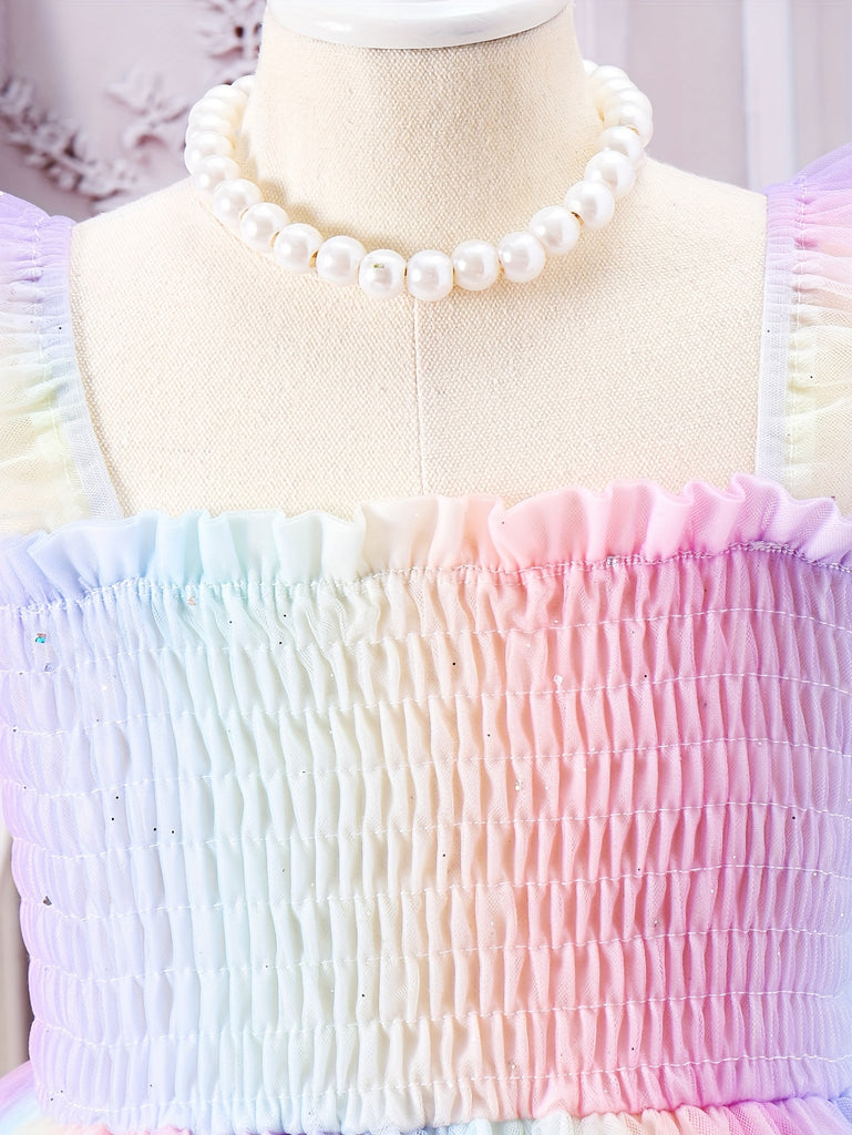 Vibrant Princess Dress - Delicate Tulle Pleats, Adjustable Spaghetti Strap, Breathable Mesh Fabric - Perfect for Little Girls Summer Weddings, Parties, and Birthdays