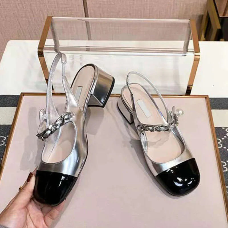 Spring New Mary Jane Sandals Square Head Pearl Chain Thick Heel Single Shoe With Empty Back Kq8