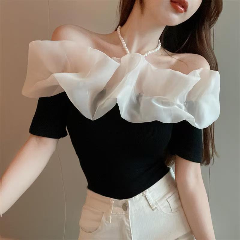 Ruffles Hit Color T Shirts For Women Round Neck Short Sleeve Casual Loose T Shirt Female Fashion Style Clothing New
