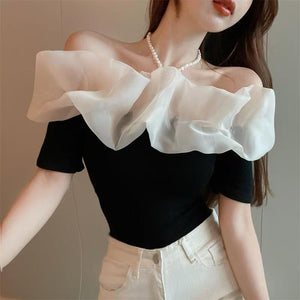 Ruffles Hit Color T Shirts For Women Round Neck Short Sleeve Casual Loose T Shirt Female Fashion Style Clothing New