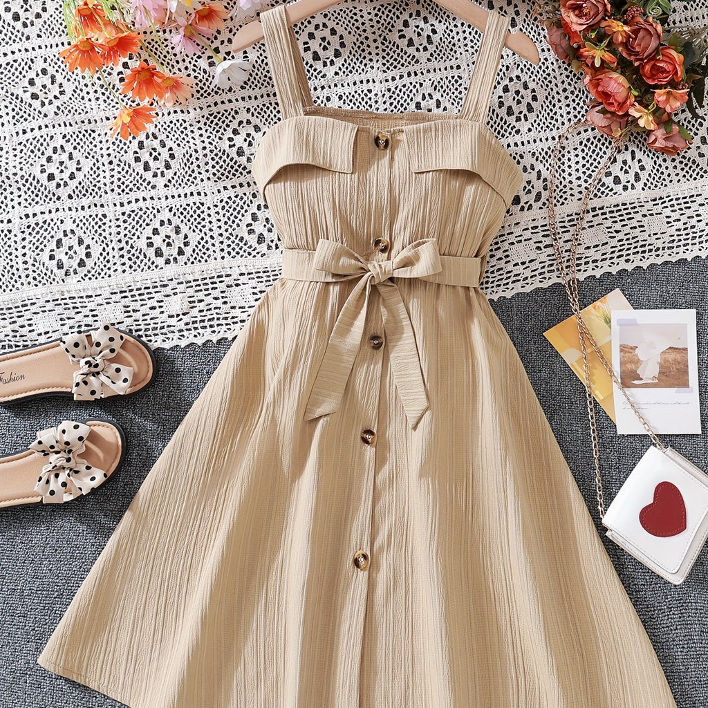Vibrant Solid Color Girls Slingback Dress - Belted, Loose Fit, Non-Stretch Woven Fabric, Hand Wash Only, Perfect for Spring/Fall Holiday Party Gift