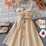 Vibrant Solid Color Girls Slingback Dress - Belted, Loose Fit, Non-Stretch Woven Fabric, Hand Wash Only, Perfect for Spring/Fall Holiday Party Gift