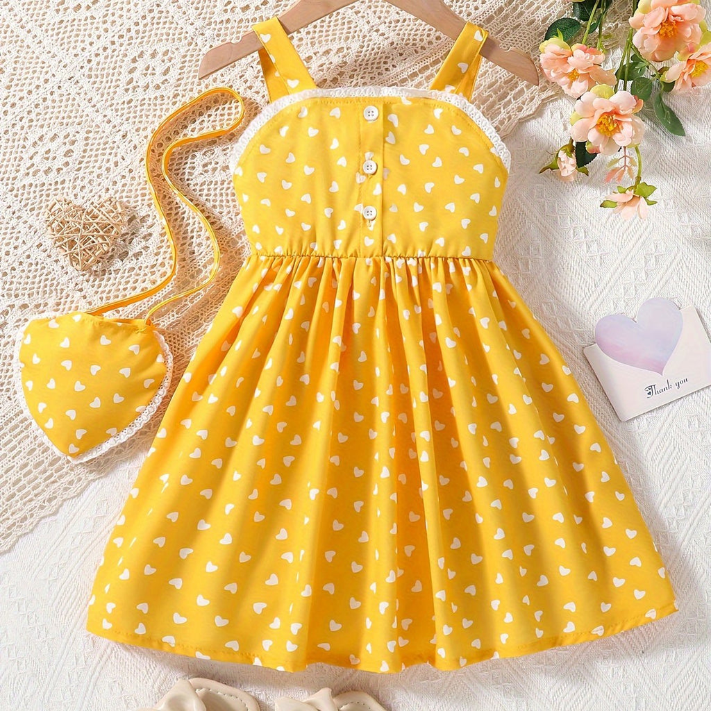Toddler Girls Heart Graphic Lace Trim Button Pocket Princess Cami Dress With Bag For Party Kids Summer Clothes