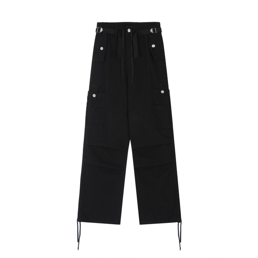 goosudu Kenny Solid Color Multi-Pocket High Waist Straight Wide Leg Cargo Pants