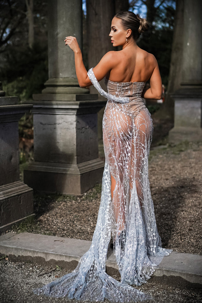 goosudu Glitter Sequin Mesh Slit Maxi Dress