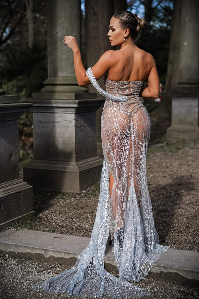 goosudu Off Shoulder Sequin Mesh Maxi Dress