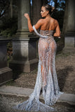goosudu Off Shoulder Sequin Mesh Maxi Dress