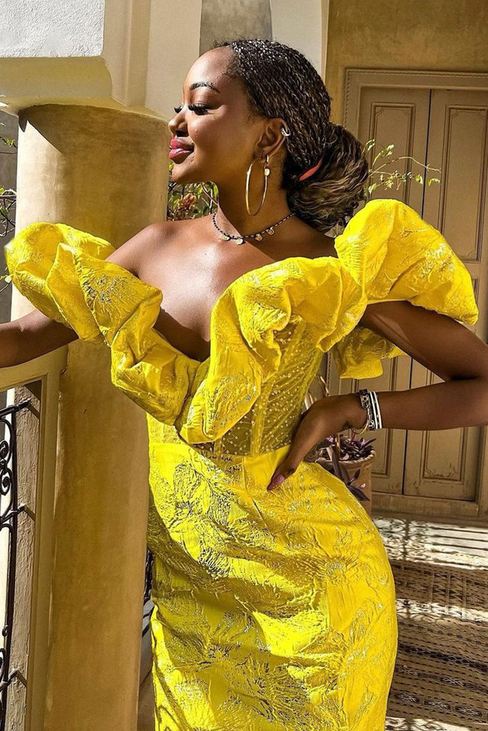 goosudu Jacquard Off Shoulder Midi Dress - Yellow