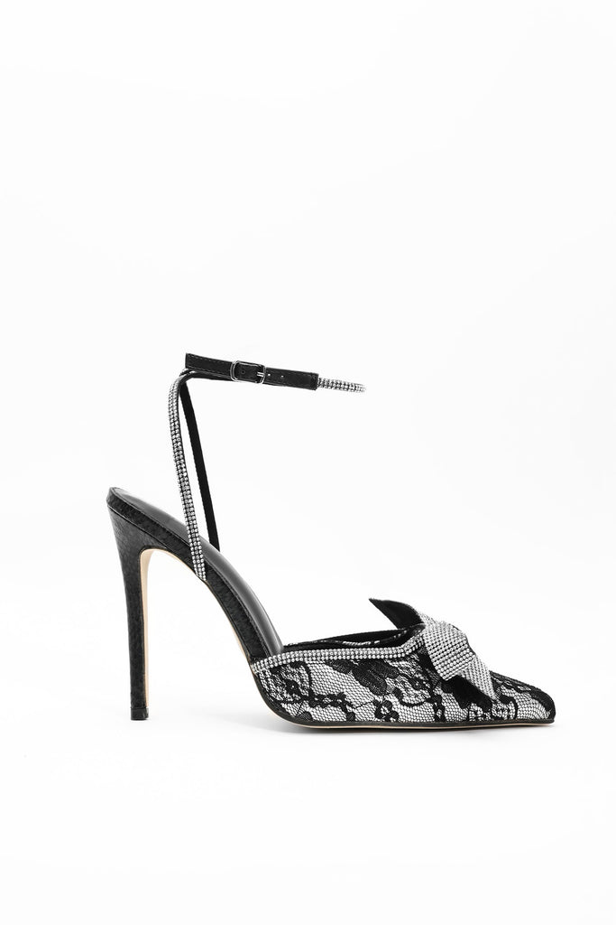 goosudu Viaua Lace Diamante Bow Buckle Slingback Pumps