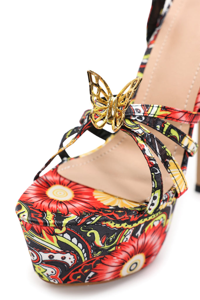 goosudu Gaki Flower Printed Metallic Butterfly Platform Stiletto