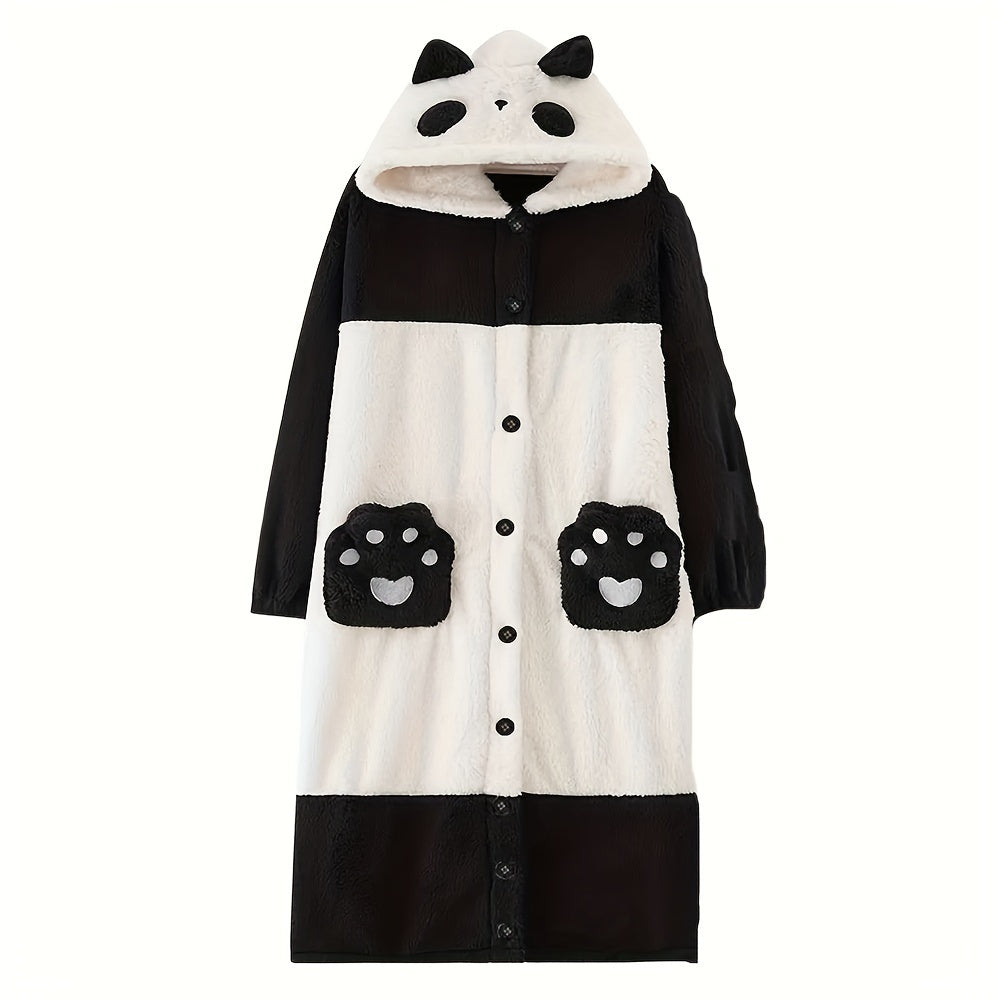 Contemporary Panda Design Wearable Blanket - Cozy Thickened Fleece Hooded Bathrobe Loungewear - Machine Washable, Knitted Polyester & Spandex Blend with Special Features - Animal Themed Oversized Sleeping Garment for Women