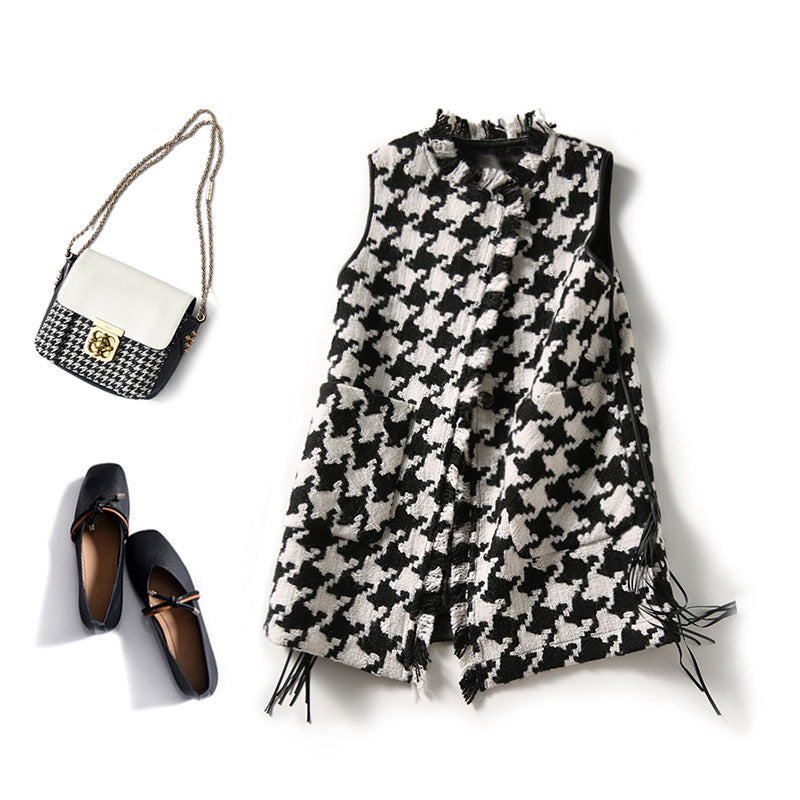 2025 Wool small fragrant vest thousand bird grid  spring and autumn new Korean version loose cardigan, plaid vest jacket