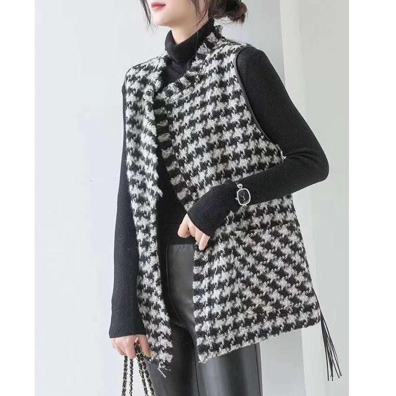 2025 Wool small fragrant vest thousand bird grid  spring and autumn new Korean version loose cardigan, plaid vest jacket