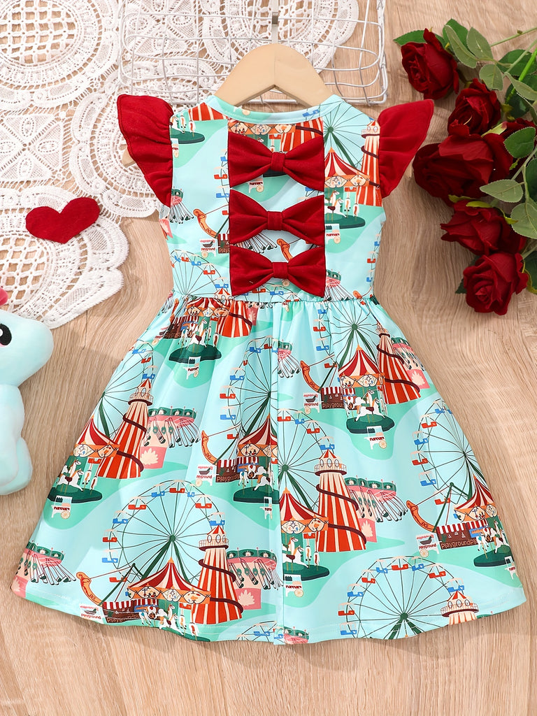 Girls Adorable Bowknot Ferris Wheel Print Flutter Sleeve Dress - Lightweight Summer Casual Outfit for Fun Outdoor Adventures