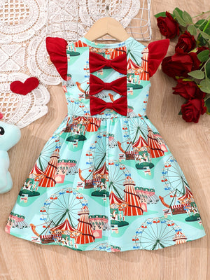 Girls Adorable Bowknot Ferris Wheel Print Flutter Sleeve Dress - Lightweight Summer Casual Outfit for Fun Outdoor Adventures
